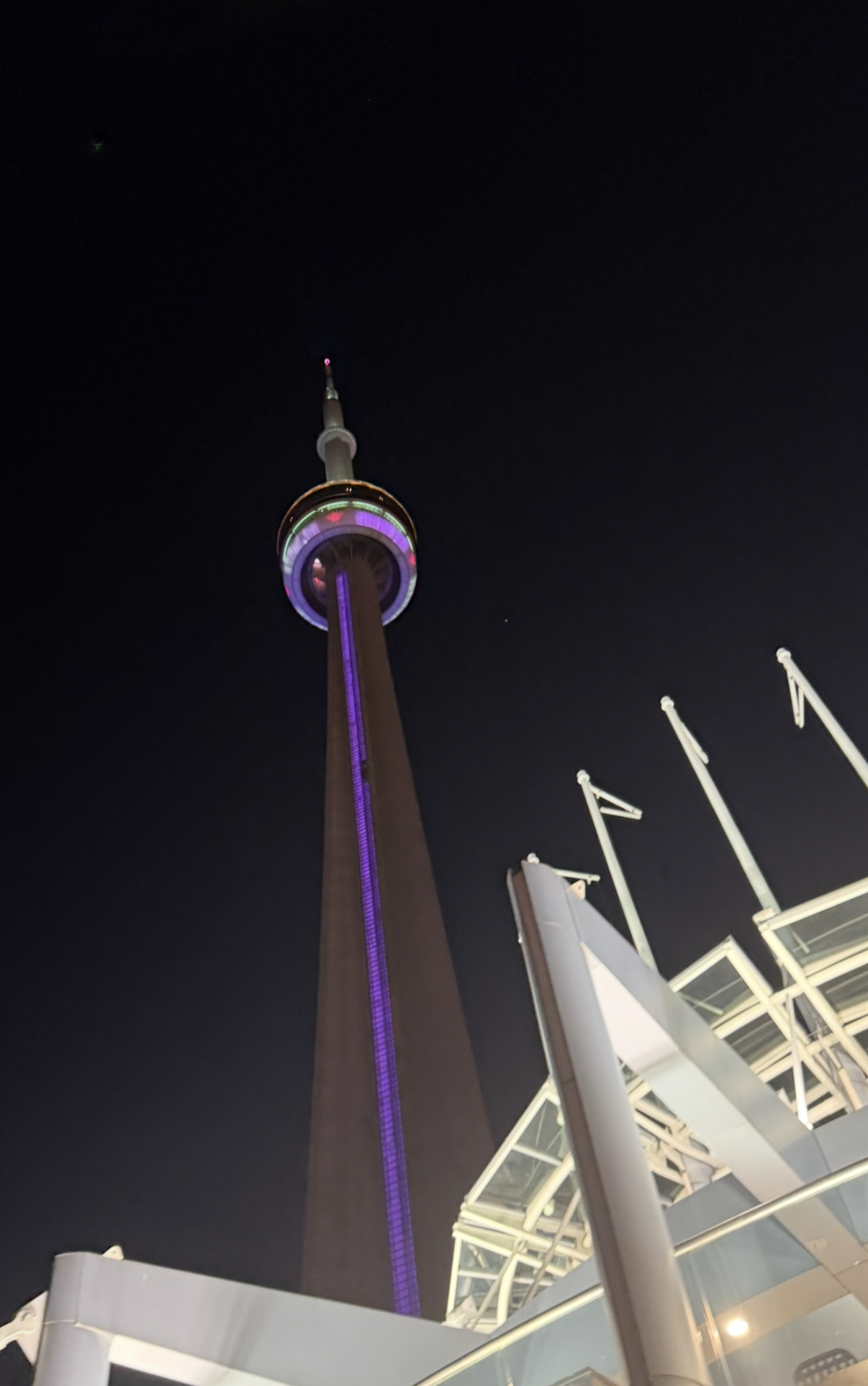 Toronto’s CN Tower illuminated in purple against the night sky
