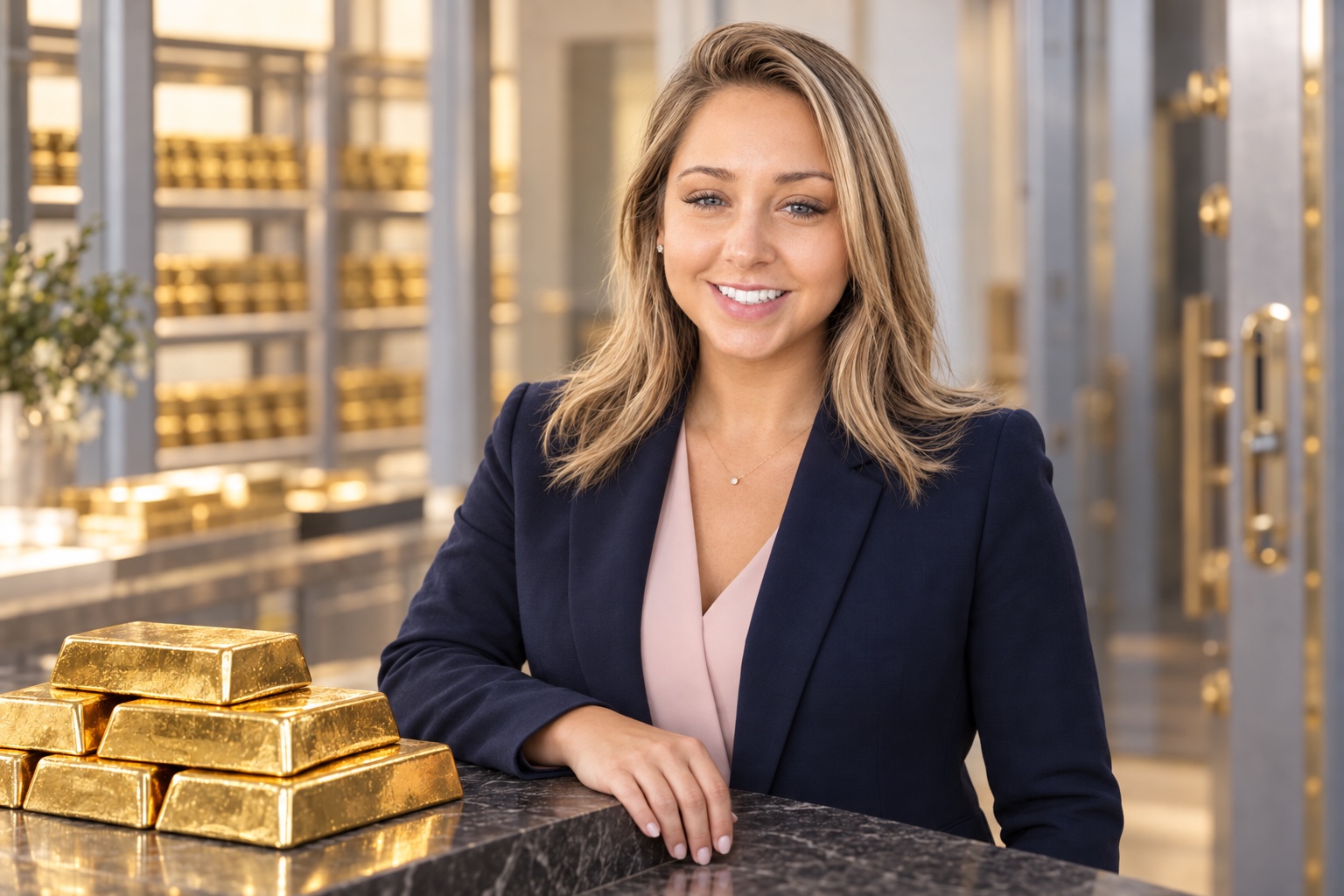 AI-created portrait of Brittany Saunders in a navy blazer beside gold bullion