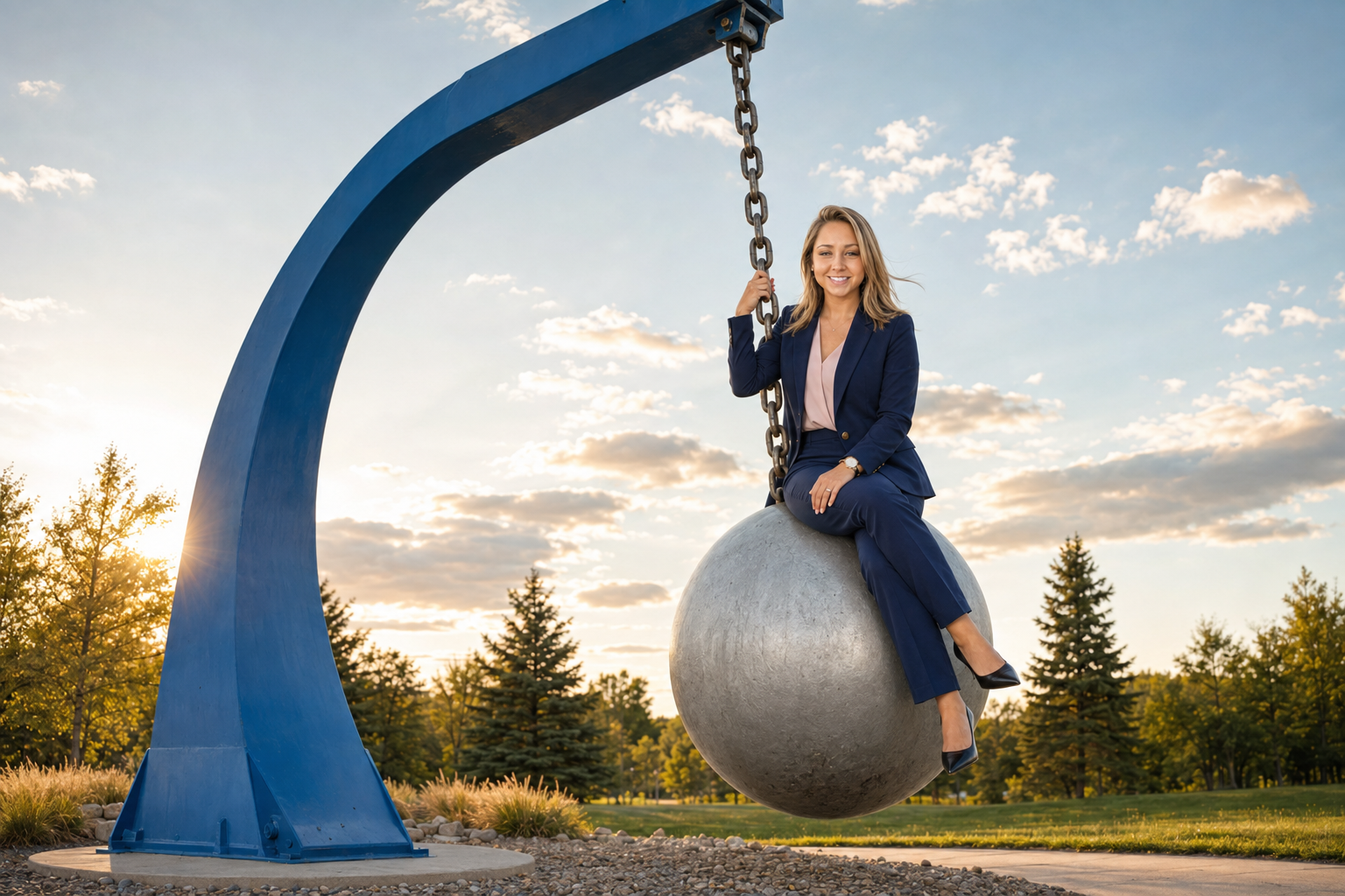AI-created portrait of Brittany in a navy suit sitting on a ball inspired by Lethbridge’s Centennial Wind Gauge